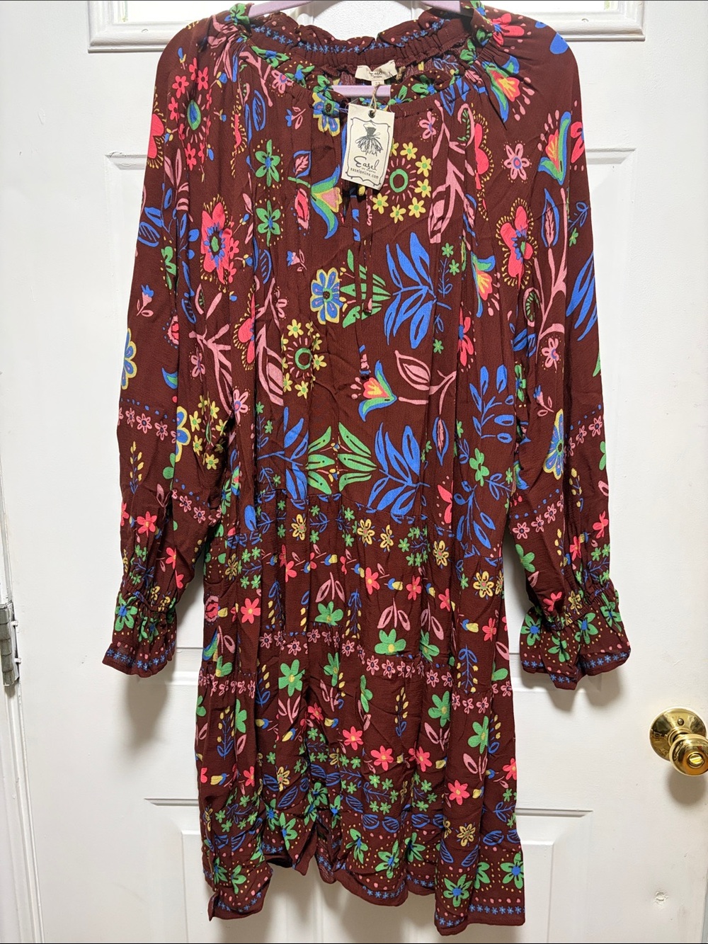 easel Brown Floral Boho Peasant Dress with Blue, Pink & Green Accents